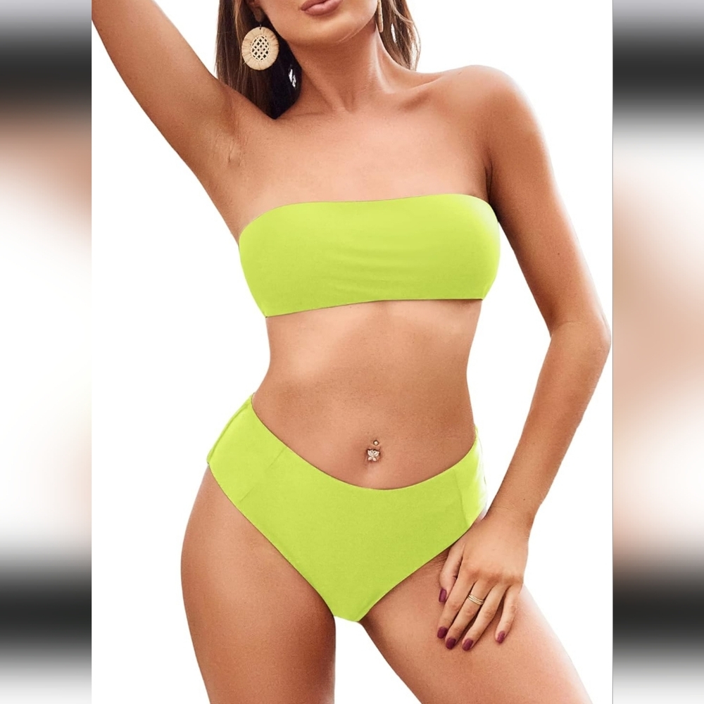 NWT Neon Lime Bandeau Bikini Set High Waisted Bottoms Women’s Bright Swimwear